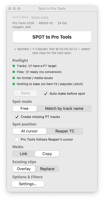 Spot to Pro Tools — Reaper extension that spots selected clips into a running Pro Tools session at timecode, with live preflight, match-by-track and auto-bake