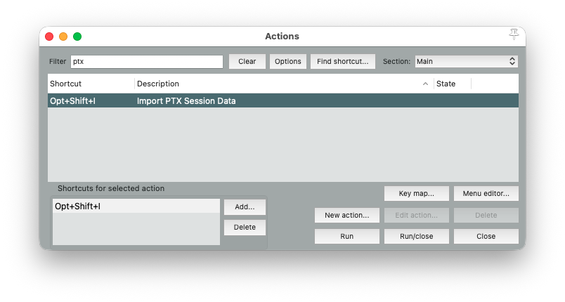 Reaper Actions dialog — Import PTX Session Data shortcut Option+Shift+I