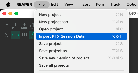 Reaper File menu — Import PTX Session Data